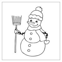 handgemalt Schneemann mit ein Besen. Gekritzel Weihnachten Illustration. Neu Jahre Figuren. Schneemann Aufkleber. vektor