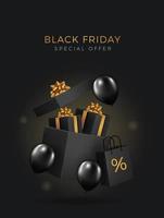 schwarzer Freitag Superverkauf realistische schwarze Geschenke und Luftballons Boxen Hintergrund vektor