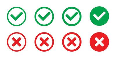 einstellen Grün die Genehmigung prüfen Kennzeichen und rot Kreuz Symbole im Kreis und Quadrat, Checkliste Zeichen, eben Häkchen die Genehmigung Abzeichen, isoliert Vektor Tick Symbole.