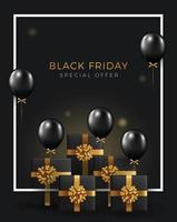 schwarzer Freitag Superverkauf realistische schwarze Geschenke und Luftballons Boxen Hintergrund vektor