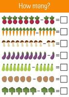 vektor färgrik matematik arbetsblad, tillägg, subtraktion, och matematisk spel. idealisk för tidigt barn utveckling, förskola utbildning. grönsaker och frukt matematiskt listor. räkning på vilket sätt många spel.