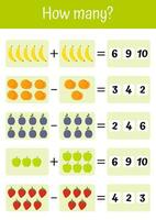 bunt und spielerisch Arbeitsblätter zum Kinder zu trainieren Zusatz, Subtraktion, Zählen, Logik Rätsel. geeignet zum vorschulen, pädagogisch Zwecke, Kindergärten. Gemüse und Früchte mathematisch Listen. vektor