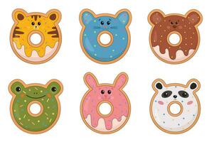 Sammlung von heiter, freundlich Tier geformt Donuts. kawaii lächelnd Donuts, Süßigkeiten zum Kinder. Hase, Katze, tragen, Panda, Tiger. Dessert einstellen zum T-Shirt drucken, Aufkleber, Gruß Karte Design. vektor