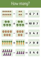 interaktiv und bunt Mathematik Übungen zum Kinder. Zusatz, Subtraktion, und mathematisch Spiele. Ideal zum Vorschule Bildung und pädagogisch Zwecke. Gemüse und Früchte mathematisch Listen. vektor