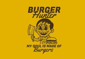 Burger Jäger, Illustration von ein Junge halten Metzger Messer mit Burger im Vorderseite von ihm vektor