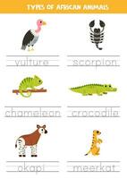 spårande namn av afrikansk djur- typer. skrivning öva. vektor