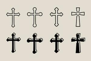 dekorativ krucifix religion katolik symbol, kristen går över. ortodox tro kyrka korsa ikoner design, isolerat platt uppsättning. vektor illustration.