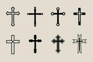 dekorativ Kruzifix Religion katholisch Symbol, Christian Kreuze. orthodox Vertrauen Kirche Kreuz Symbole Design, isoliert eben Satz. Vektor Illustration.