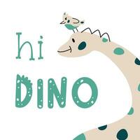 Vektor Hand gezeichnet eben Postkarte mit Dinosaurier und Vogel. Hallo Dino