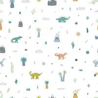 vektor sömlös mönster med dinosaurie, berg, handflatan, gräs, vulkan och kaktus