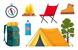 camping och vandring Utrustning uppsättning. stor samling av element eller ikoner för sporter, äventyr i natur, rekreation och turism begrepp design. vektor illustration.