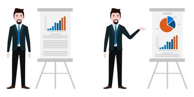 Geschäftsmanncharaktere, die ein Geschäftsoutfit tragen, das mit einer Verkaufspräsentationstafel mit Diagramm und Zeiger steht vektor
