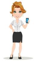 schöne Geschäftsfrau-Cartoon-Figur zeigt Smartphone vektor