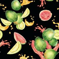 ganze Guaven und Saft Spritzen Aquarell nahtlos Muster isoliert auf schwarz Hintergrund. tropisch Frucht, rot Stelle, fallen Guajava Hand gezeichnet. Design zum Verpackung, Verpackung, Textil, Hintergrund, Stoff vektor