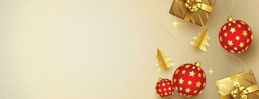 jul bollar, Semester gåvor med gyllene rosett, gran träd grenar, tall koner och skinande stjärnor. illustration kan vara Begagnade för jul design, affischer, kort, webbplatser och banderoller. vektor