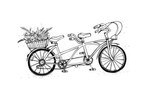 hand dragen tandem stad cykel med korg av blomma. årgång, retro stil. skiss vektor illustration.