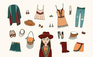 bohemisk mode stil uppsättning. boho och gypsy kläder, Tillbehör samling. färgrik hand dragen illustration. vektor