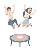 glücklich Kinder, Junge und Mädchen Springen auf ein Trampolin. Vektor bunt Illustration auf Weiß Hintergrund.