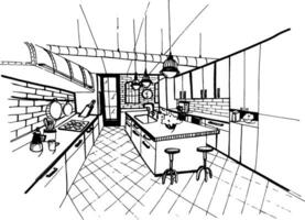 modern kök interiör i loft stil. hand dragen skiss illustration. vektor