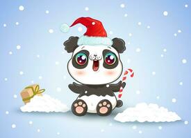 Panda auf Schnee im Kawaii-Stil zu Weihnachten vektor