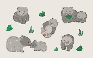 einstellen von süß jung Wombat im verschiedene Posen. Erwachsene Tier mit Jungtier. Hand gezeichnet bunt Vektor Illustration.
