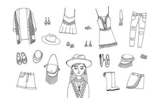 bohemisk mode stil uppsättning. boho och gypsy kläder, Tillbehör samling. kontur hand dragen illustration. vektor
