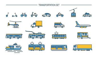 linjekonst ikon uppsättning med jord transport, flyg och vatten transport på vit bakgrund. samling med cykel, buss, vagn, tunnelbana, tåg, bil, flygplan, skoter, linbana, spårvagn, plan, båt. vektor