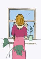 Frau in der Nähe von das Fenster mit Katzen. Vektor Illustration.
