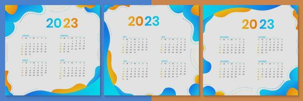tre kalender kort med blå och orange mönster vektor