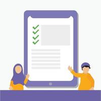muslimska par barn tonåriga online check och test koncept frågesport på surfplatta dator utbildning och lärande med digital enhet vektor