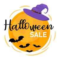 Halloween Verkauf Banner mit Mond und Hexe Hut. Design zum Banner, Gutschein, Angebot, Coupon, Urlaub Verkauf. Vektor Illustration