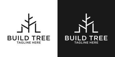 logotyp design träd, blad och byggnad vektor illustration linje