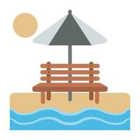 Meer Sicht Darstellung im ein Symbol über Bank, Regenschirm und Sonnenschein auf ein Meer Ufer vektor