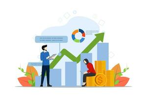 Finanzen und Investition Strategie Konzept. Geschäft Menschen Arbeiten zum Analytik und Daten Überwachung im Netz Bericht Instrumententafel Monitor und Geschäft finanziell Investition Design. eben Vektor Illustration.