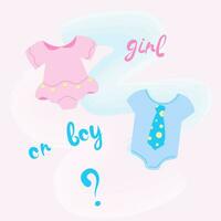 Geschlecht Party. Beschriftung Junge oder Mädchen. das Geschlecht von das Baby ist aufgeführt wie entweder ein Junge oder ein Mädchen. Kinder- Kleidung. Vektor Illustration.