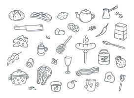 Kochen Kritzeleien Vektor einstellen von isoliert Elemente. süß Gekritzel Abbildungen Sammlung von Utensilien, Geschirr, Essen, Mahlzeit Zutaten, Küche Objekte. Früchte, Fleisch, Eier, Bäckerei auf Weiß Hintergrund