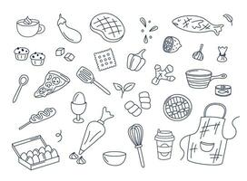 Kochen Kritzeleien Vektor einstellen von isoliert Elemente. süß Gekritzel Abbildungen Sammlung von Utensilien, Geschirr, Essen, Mahlzeit Zutaten, Küche Objekte. Früchte, Gemüse, Bäckerei auf Weiß Hintergrund