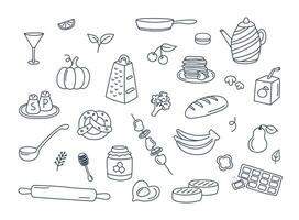 Essen und Geschirr Kritzeleien Vektor einstellen von isoliert Elemente. Kochen Gekritzel Abbildungen Sammlung von Utensilien, Mahlzeit Zutaten, Küche Objekte. Früchte, Gemüse, Bäckerei auf Weiß Hintergrund