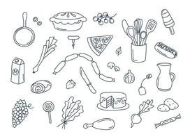 kulinarisch Kritzeleien Vektor einstellen von isoliert Kochen Elemente. Gekritzel Abbildungen Sammlung von Utensilien, Geschirr, Essen, Mahlzeit Zutaten, Küche Objekte. Früchte, Gemüse, Bäckerei