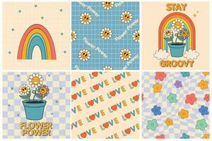 häftig hippie 70s affischer. rolig tecknad serie blomma, regnbåge, kärlek, daisy etc. vektor kort i trendig retro psychedelic tecknad serie stil. vektor bakgrunder. blomma kraft. stanna kvar häftig. Bra vibrafon