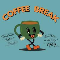 kaffe affär eller Kafé logotyp eller skriva ut design med gående kopp av kaffe maskot och typografisk sammansättning isolerat på blå bakgrund. vektor illustration
