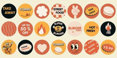 Burger retro Karikatur schnell Essen Aufkleber. Comic Charakter, Slogan, Zitate und andere Elemente zum Burger Bar, Cafe, Restaurant. groovig funky im modisch retro Karikatur Stil. Vektor Illustration