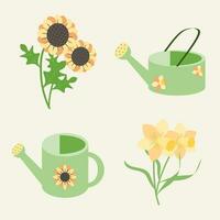 Sommer- Garten einstellen eben Vektor Illustration. Sonnenblume, Narzisse, und Grün Bewässerung können