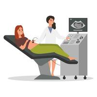 medizinisch Ultraschall Untersuchung, Schwangerschaft Vektor Illustration. Karikatur jung schwanger Frau auf geburtshilflich Ultraschall Verfahren mit Ultraschall Scanner, Überwachung Baby Wachstum.