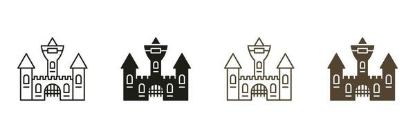 Vampir Dracula Schloss Linie und Silhouette Symbol Satz. unheimlich dunkel alt Gebäude zum Halloween Feier schwarz und Farbe Symbole. gotisch gespenstisch Haus Piktogramm. isoliert Vektor Illustration.