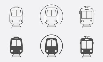 Zug, Straßenbahn, Metro Bahnhof Linie und Silhouette Symbol Satz. Eisenbahn Öffentlichkeit Transport Piktogramm. U-Bahn, elektrisch Straßenbahn Symbol Sammlung. Straße der Verkehr unterzeichnen. isoliert Vektor Illustration.