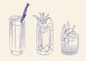tre glasögon med alkoholhaltig cocktail linje teckning förbi hand årgång illustration vektor