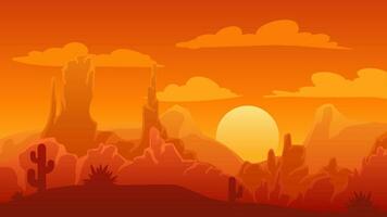 öken- landskap vektor illustration. kanjon öken- landskap med kaktus, sten och solnedgång himmel. amerikan öken- silhuett landskap för bakgrund, tapet, visa eller landning sida