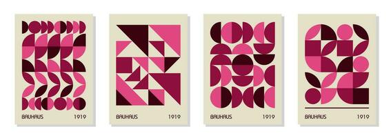 uppsättning av 4 minimal årgång 20s geometrisk design affischer, vägg konst, mall, layout med primitiv former. bauhaus rosa magenta retro mönster bakgrund, vektor abstrakt cirkel, triangel och fyrkant