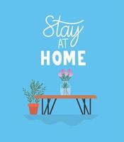 Bleiben Sie zu Hause Schriftzug auf blauem Hintergrund mit Pflanzen in einem Topf vektor